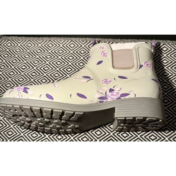 Gray Rubber & Purple JBU by JAMBU Chelsea Floral Pull On Ankle Rain Boots 8.5 M - Picture 8 of 13